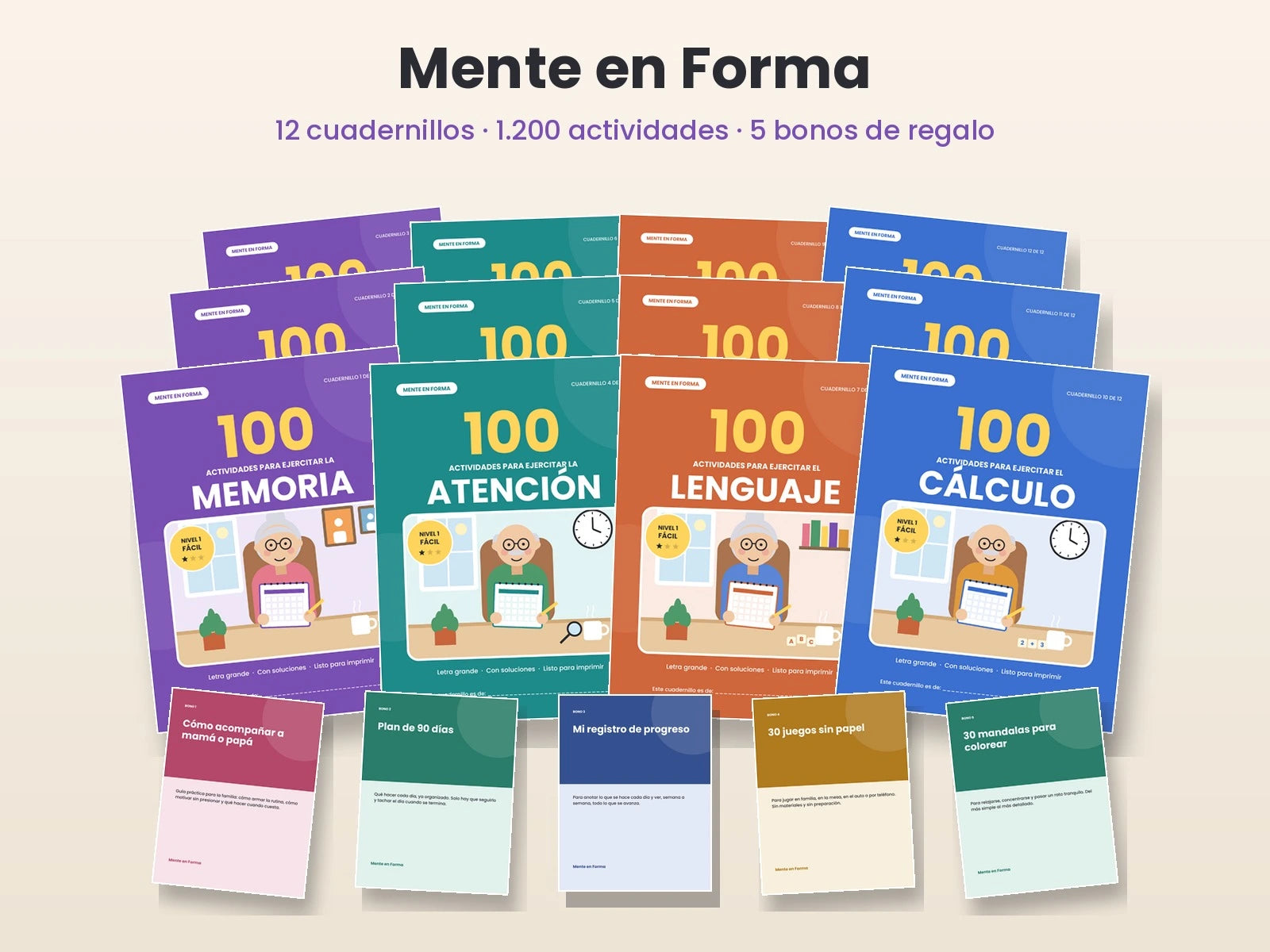 Kit completo Mente en Forma: doce cuadernillos con las tapas ilustradas y cinco bonos